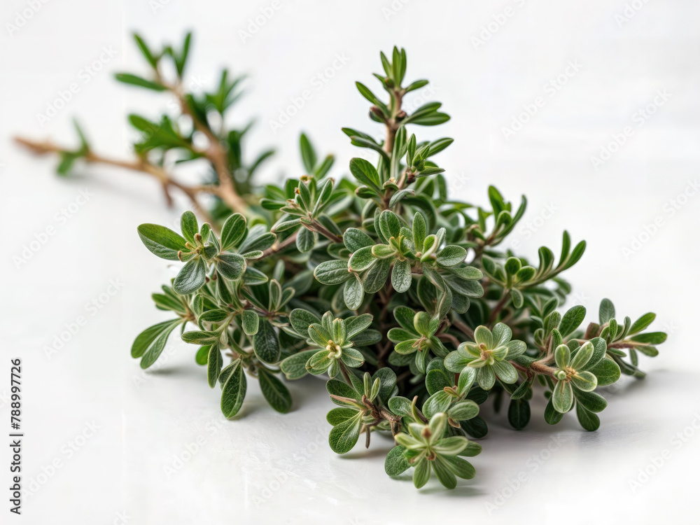 A sprig of thyme against a white backdrop. A sprig of thyme against a white backdrop.