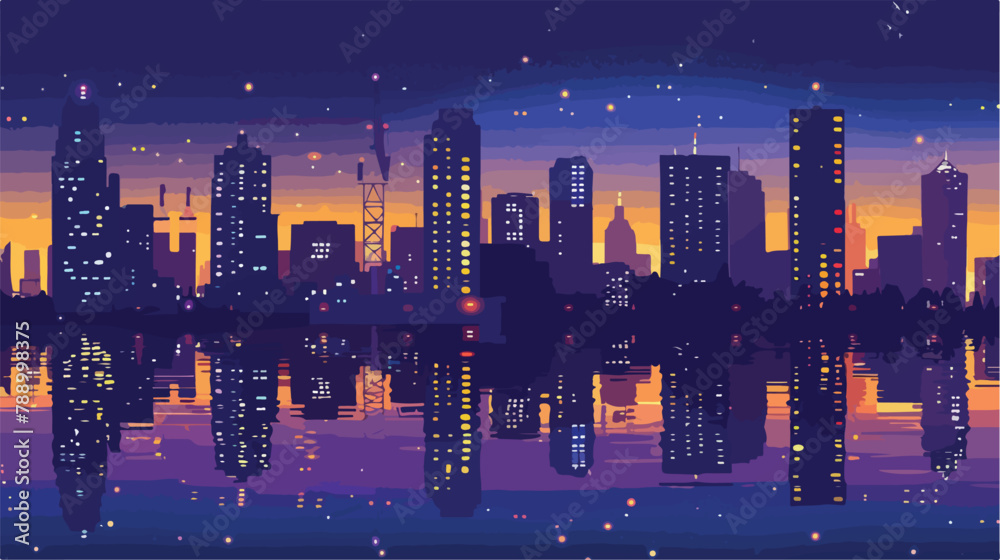 Panorama of night city vector flat illustration. View