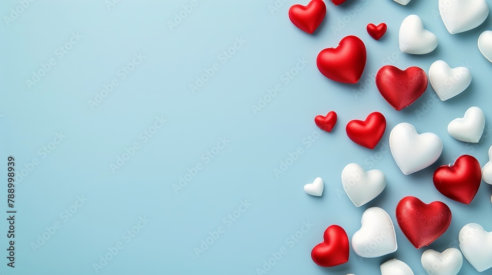 Valentines Day background White and red hearts on pastel blue background Valentines day concept Flat lay top view copy space : Generative AI