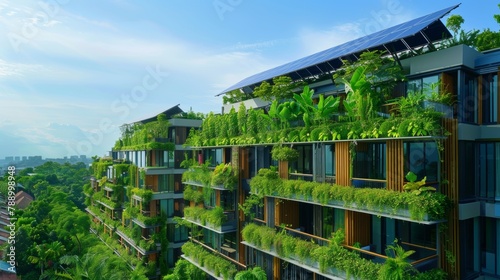 Green building with solar panels, rainwater harvesting, and green roofs for net zero energy