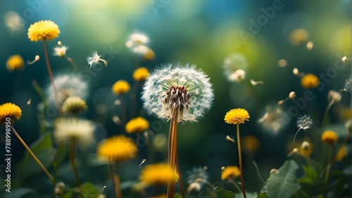 Abstract blurring background of nature with dandelions and parachute seeds. Nature's abstract bokeh pattern