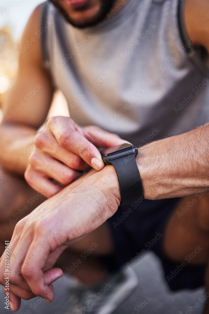 Smart watch, hands and runner check health app, heart rate and exercise progress for body wellness closeup. Sport, clock and person on digital tech for pulse, fitness or monitor workout time outdoor Smart watch, hands and runner check health app, heart rate and exercise progress for body wellness closeup. Sport, clock and person on digital tech for pulse, fitness or monitor workout time outdoor