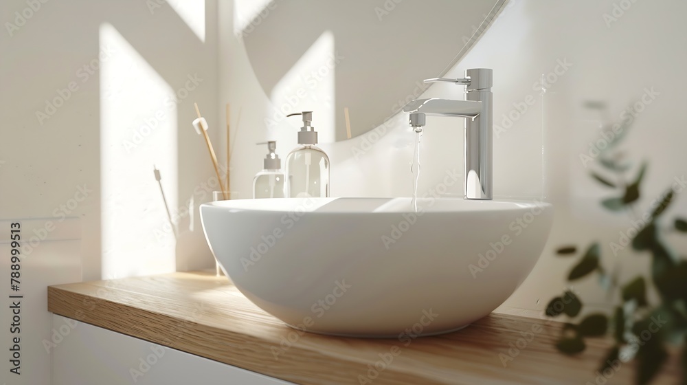 Close up of white sink standing on a wooden vanity unit in a white wall bathroom with a mirror and liquid soap Relaxation and self care concept : Generative AI