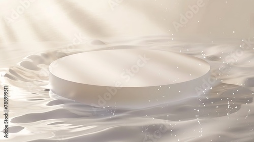 Empty white circle podium on transparent clear calm water texture with splashes and waves in sunlight Abstract nature background for product presentation Flat lay cosmetic mockup copy : Generative AI