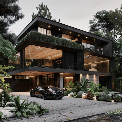 a modern house with contrete, black and dark wood tones photo
