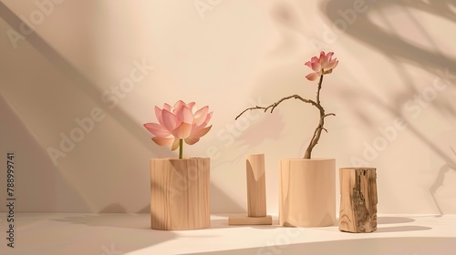 Front view of some lotus flowers Nelumbo nucifera standing beside wooden podiums and tree branch Concept of minimalism : Generative AI photo