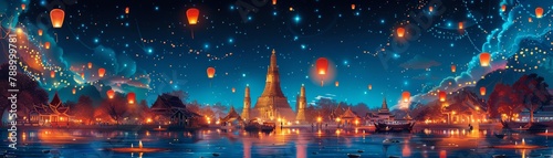 Lantern Festival Celebration in Thai Temple Complex at Night with Glowing Sky