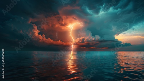 Thunder and Lightning  A photo of lightning striking the ocean  with the bolt reflected in the water