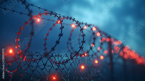 Barbed wire on a fence with red warning lights against a twilight blue sky. Security and caution concept. Design for alert systems, secure facility materials. Night shot with selective focus and bokeh photo