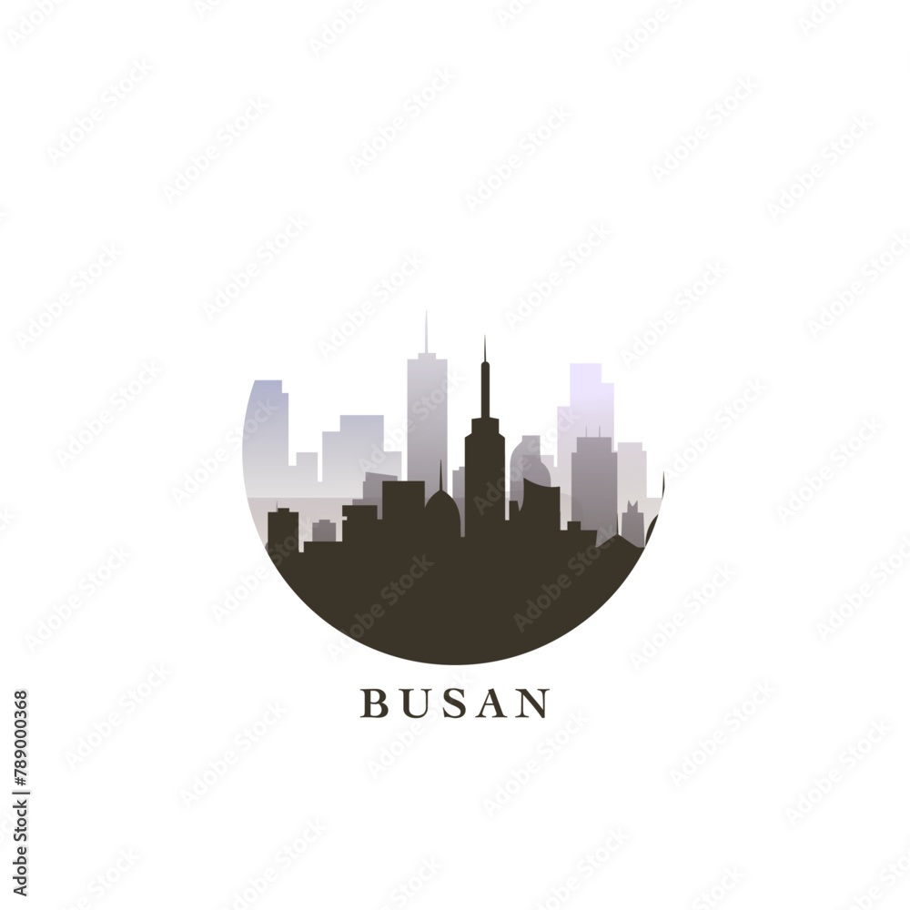 Obraz premium Busan cityscape, gradient vector badge, flat skyline logo, icon. South Korea city round emblem idea with landmarks and building silhouettes. Isolated graphic