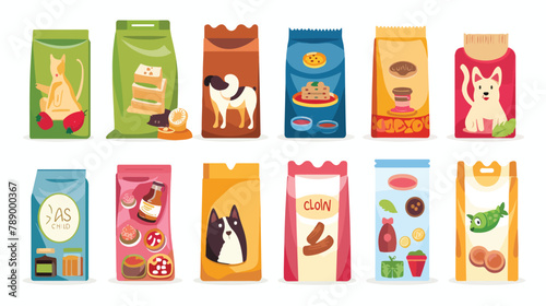 Pets food in packages set. Feline and canine feed che