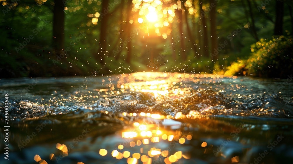 Water Spark: A photo of a stream in a forest, with the sunlight filtering through the trees and creating sparkling Water Spark: A photo of a stream in a forest, with the sunlight filtering through the trees and creating sparkling