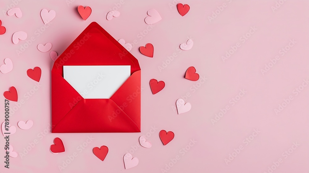 Red paper envelope with blank white note mockup inside and Valentines hearts on pink background Flat lay top view Romantic love letter for Valentines day concept : Generative AI
