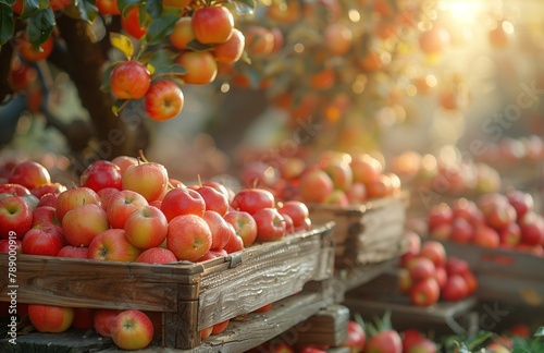 Gathered apples stored in crates beneath a tree  ready for transport or sale