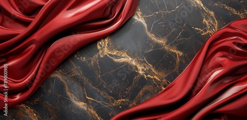 An elegant marble surface in chocolate-brown veined with sparkling gold and matched with deep red silk. 