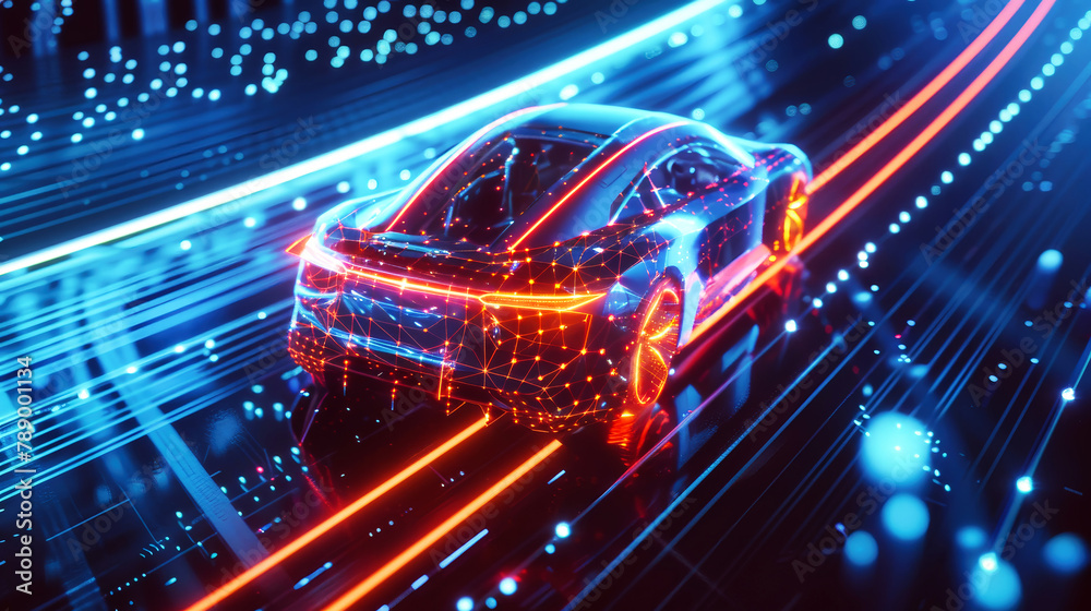 An electric car cruises gracefully through a tunnel illuminated by vibrant neon lights, creating a mesmerizing visual spectacle An electric car cruises gracefully through a tunnel illuminated by vibrant neon lights, creating a mesmerizing visual spectacle