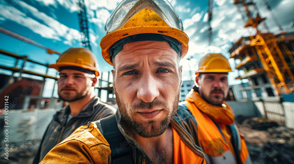 A lively group of construction workers donning hard hats and safety gear, ready for a day of work on a construction site A lively group of construction workers donning hard hats and safety gear, ready for a day of work on a construction site