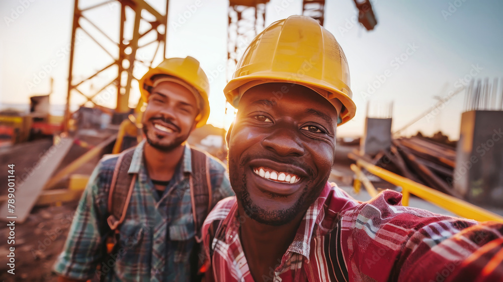 Two funny, cheerful construction workers stand side by side, sharing a light-hearted moment together - obrazy, fototapety, plakaty 