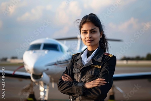 Indian woman pilot standing in front of airplane