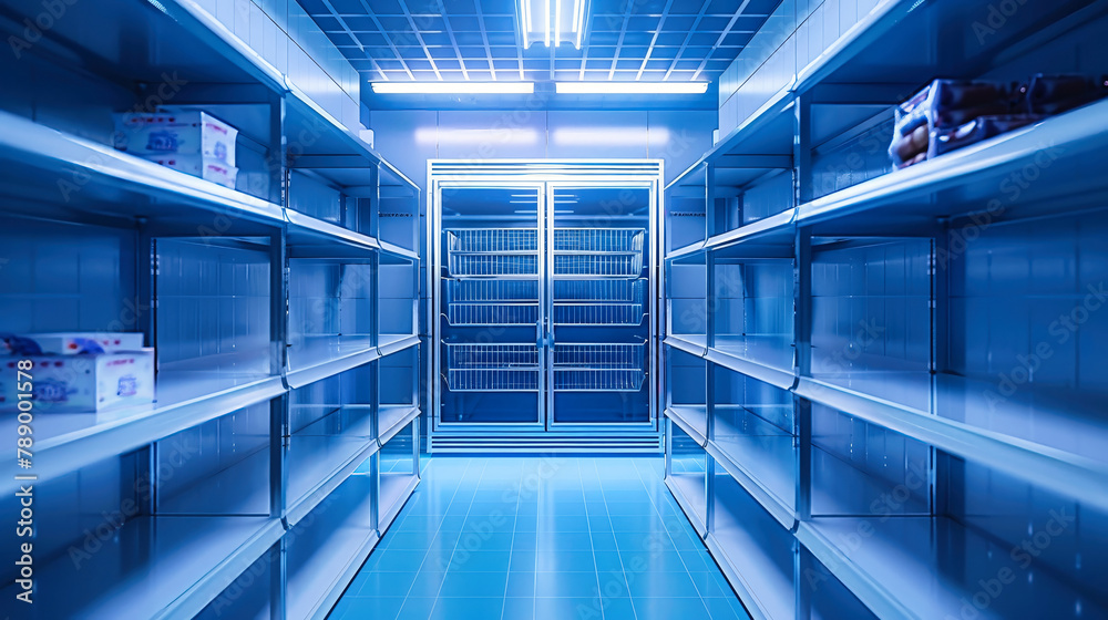 Obraz premium A long row of shelves filled with food items in a freezer room with a blue hue
