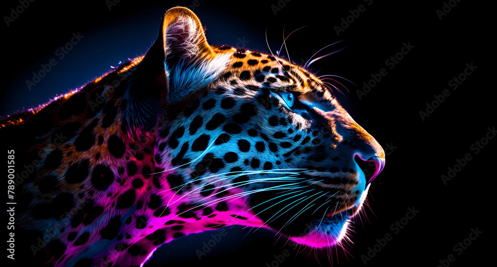 Fototapeta premium A colorful neon leopard in profile on a black background
