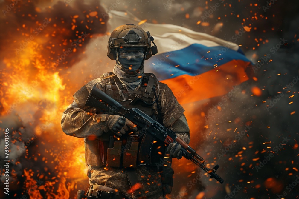 Stoic Soldier and Russian Flag in Fiery Turmoil Stoic Soldier and Russian Flag in Fiery Turmoil