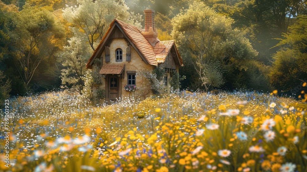 Photo of a charming cottage nestled amidst a wildflower meadow --ar 16:9 Job ID: d09c803f-f640-41a8-8616-36de6262f043