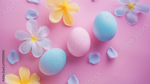 Happy easter Colourful of Easter eggs in with flower on pastel background Greetings and presents for Easter Day celebrate time Flat lay top view   Generative AI