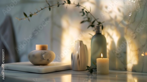 Close up view of ceramics shampoo soap vase and candle on top marble table with blurred bathroom interior Background : Generative AI