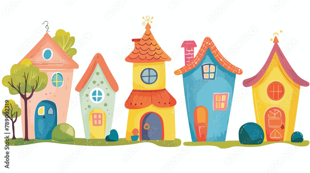 Set of Four small tiny Houses. Paper cut cartoon minim