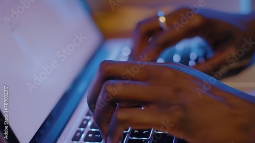 Focus on left hand of young African American employee or student typing on laptop keyboard while working over business or school project : Generative AI