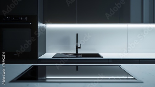 Minimalist kitchen with white countertop furniture and wall tiles and black sink induction hob and exhaust hood : Generative AI photo