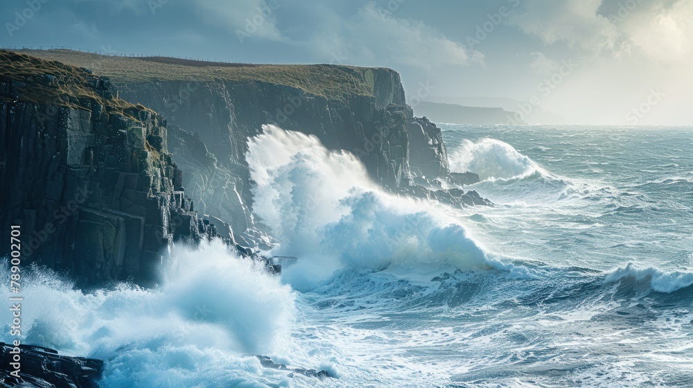 Dramatic coastline with crashing waves and rugged cliffs Dramatic coastline with crashing waves and rugged cliffs