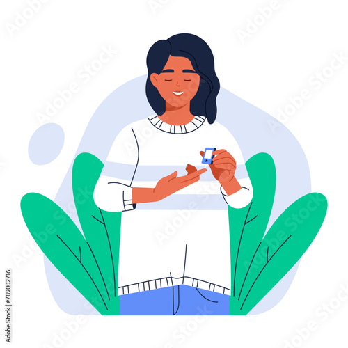 Woman using digital glucometer and measuring sugar. Blood glucose level test. Female patient with diabetes. Diabetes treatment, healthcare. Isolated vector illustration in cartoon style