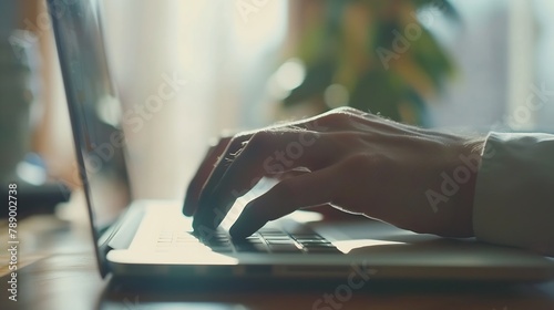 Businessman using laptop computer at home Close up of male hands typing on laptop keyboard in office Business working from home studying online concept Blogger journalist writing new a   Generative AI