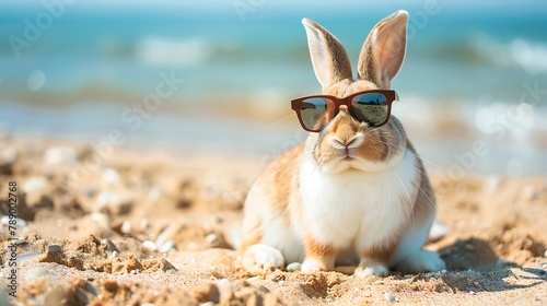 Brown and white rabbit wearing sunglasses sitting on beach © Emma
