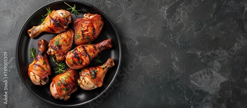 Grilled chicken drumsticks seasoned with thyme presented on a black platter against a blank backdrop. Viewed from above.