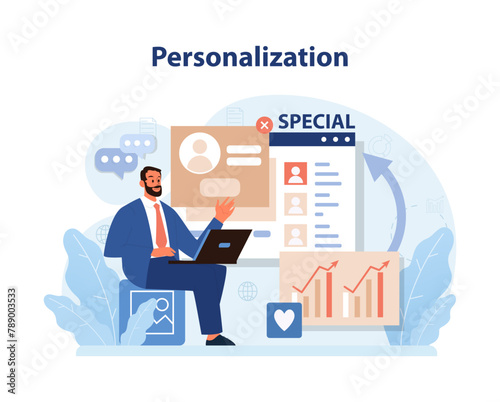 Personalization in Consumer Engagement set. A man customizes customer profiles for targeted marketing strategies.