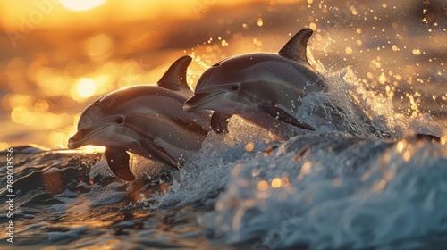 An enchanting vision of three dolphins leaping in unison from the ocean's surface, with a glowing sunset backdrop © Vuk