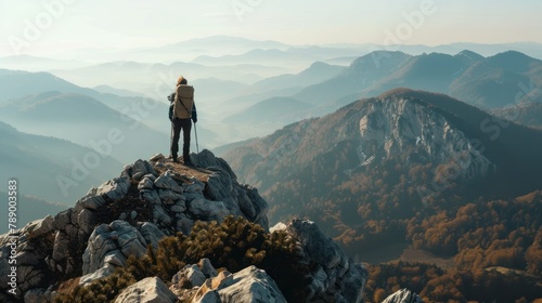 Hiker standing atop a mountain peak, overlooking a breathtaking panorama © Attasit