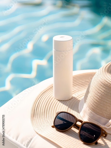 sun cream bottle on hat near pool, copy space for text, summer vacation concept © XC Stock