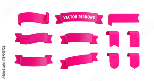 Vector Realistic 3d Ribbons and tags set. Cartoon 3d pink ribbons collection on white background. Trendy design element, decorative sticker. Cute folded ribbon for sale banner, advert, game, app.