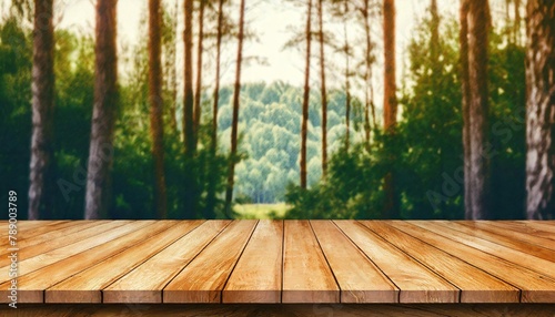 Forest Edge Elegance: Wooden Table with Nature's Embrace in Blur