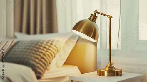 Gold brass lamp on bedside table decor in the interior : Generative AI