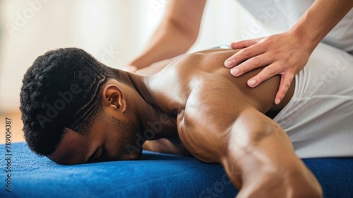 massage therapist using various techniques to relieve muscle tension and improve flexibility photo