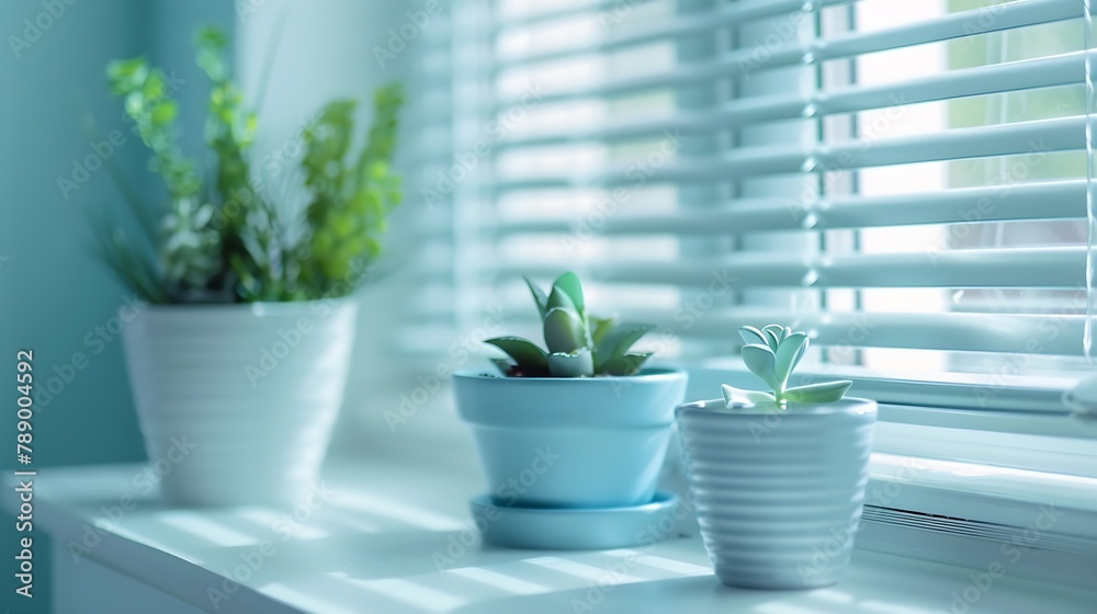 Fototapeta premium White interior background closeup abstract details painted light table roman blinds window blue flowerpots with house plants on the desk Interior design home : Generative AI