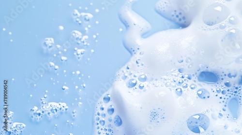 Foaming liquid on blue backdrop Cosmetics foam background Cosmetic product sample of mousse shampoo or soap Skincare cosmetology and beauty concept Copy space banner : Generative AI