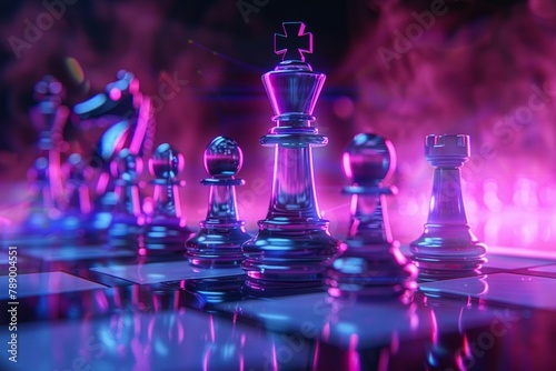 Chess pieces on a chessboard on a dark background shot in neon pink-blue colors. The figure of a chess .Close up