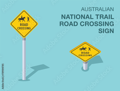 Traffic regulation rules. Isolated Australian "national trail road crossing" road sign. Front and top view. Flat vector illustration template.