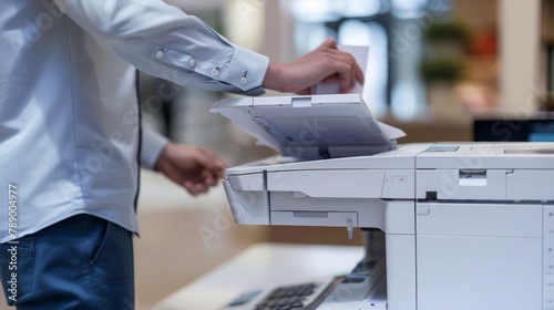 Businessman using multifunction printer in office for document copying and printing